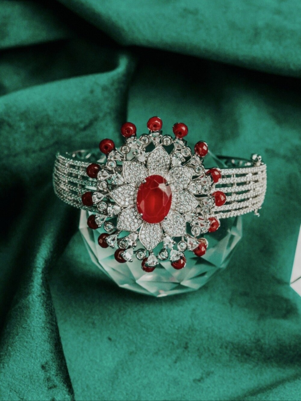 Ruby Crystal Floral Statement Bracelet - Women Jewelry